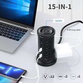 NVEESHOX Regleta Multicontacto, Torre Multicontacto con 12 Tomas de CA y 2 USB-A 1 USB-C, Conector Multiple con Protector de Sobretensión, Extension Electrica de 2M para Casa Oficina