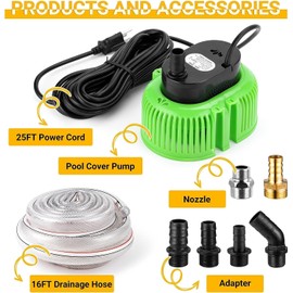 Pool Cover Pump Above Ground, Water Pump for Pool Draining, Submersible Water Pump Sump Pump with 16 Ft Drainage Hose & 25 Ft Extra Long Power Cord