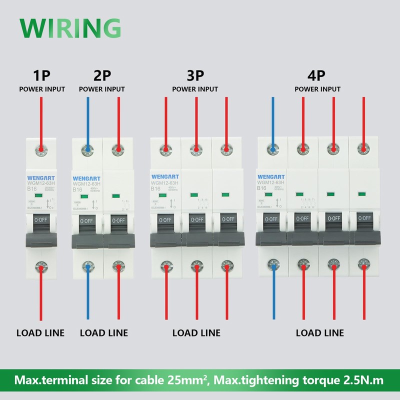 Wengart Three Phase Miniature Circuit Breaker WGM12-63H, AC230V/400V 16A 4P,