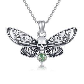 MONGAS Moth Necklace Sterling Silver Moss Agate Skull Moth Pendant Necklaces Gothic Jewelry Gifts for Women, Sterling Silver, No Gemstone
