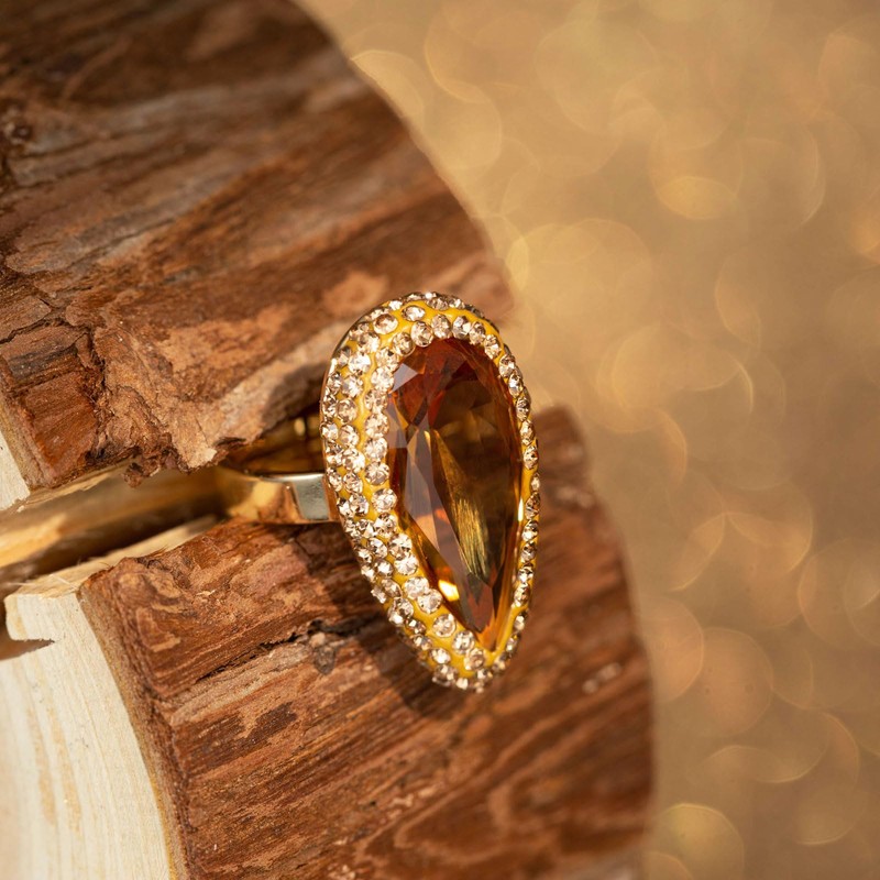 HZMAN Amber Crystal Ring for Women Retro Antique Rhinestone Ring