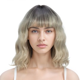 Rose bud Wavy Bob Wig Natural Wig Synthetic Hair Shoulder Length Short Curly Middle Part Lace Front Wigs for Women Ombre Blonde