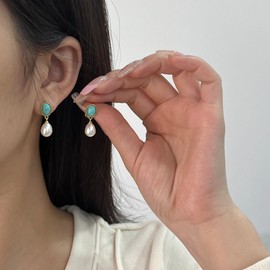 14K Gold Plated Cultured White Pearl Dangling Drop Earrings with Turquoise, Sterling Silver Posts