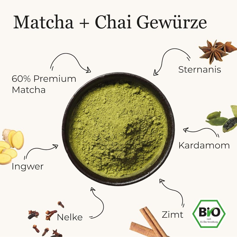 Organic Chai Matcha+, Organic Premium Matcha (60%) with Chai Spices,