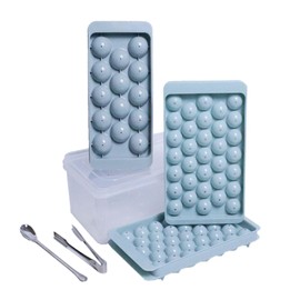 Ice Cube Tray Set with Lid & Bin，1"x66+1.4"x14 Round Ice Balls，Mini Circle Ice Cube Tray for Drinks, Coffee and Cocktails.(3 Trays 、1 Ice Bucket 、1 Ice Tea Spoon 、1 Ice Tong)