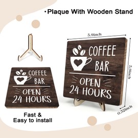Coffee Bar Sign Plaque, Coffee Signs for Coffee Station, Vintage Coffee Sign Decor for Kitchen, Coffee Bar Accessories, Coffee Themed Gifts, Farmhouse Cafe Sign,Coffee Bar Open 24 Hours Decor Signs (Brown4, 5.9x5.9inches)