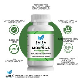 Moringa Orgánica 100% Pura 100 Cáps SAISA HERBAL | Suplemento Alimenticio | Energía | Bienestar | Apoyo al Sistema Inmune | Control de glucosa | Fortalece defensas