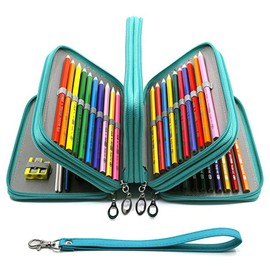 YOUSHARES 72 Slots Pencil Case - PU Leather Handy Multi-layer Large Zipper Pen Bag with Handle Strap for Colored / Watercolor Pencil (Turquoise)