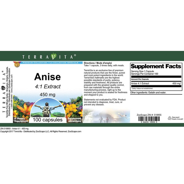 TerraVita Anise 4:1-450 mg (100 Capsules, ZIN: 518955) - 3 Pack