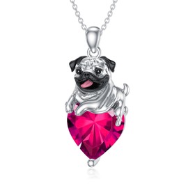 Flpruy Pug Heart Birthstone Necklace 925 Sterling Silver Pug Dog Pendant Necklace Pug Jewelry Gifts for Women Pug Lover, Sterling Silver, No Gemstone