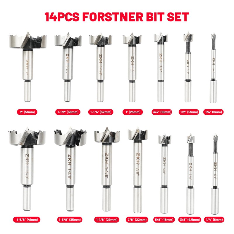 ZKH 14 PCS Forstner Drill Bit Set for Woodworking, Made