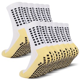 SOMINGUIZN 6 Pairs Soccer Socks Grip Socks Men's Anti Slip Non Slip Grip for Soccer Football, Basketball Pilates (White with Black Fots)