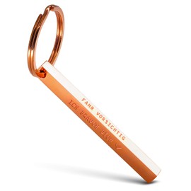 FABACH Cuboid Key Ring, “Fahr vorsichtig, ich brauch Dich,” engraving - Cuboid Car Keyring, Stainless Steel - Stick Pendant with Deep Filigree Engraving, Rose Gold