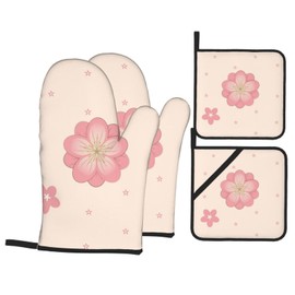 YYHWHJDE Little Pink Cherry Blossoms Printing Oven Mitts and potholders Set of Four : Thick and Durable, Anti-scalding and Heat-Insulating