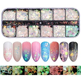 12 Holographic Laser Mermaid Nail Sequins Beauties Factory Flake Heart Butterfly Confetti Art Decals Iridescent Glitter Star Round Moon Shapes Designs Manicure Tips DIY Decorations