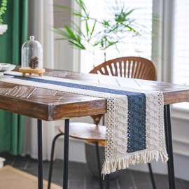 Camino de mesa elegantes，Paño de Mesa Boho de Algodón Tejido a Mano，Paño de Mesa de Arpillera con Borlas,para fiesta, rústico, despedida de soltera, comedor, decoración de recámara，87*12 Pulgadas