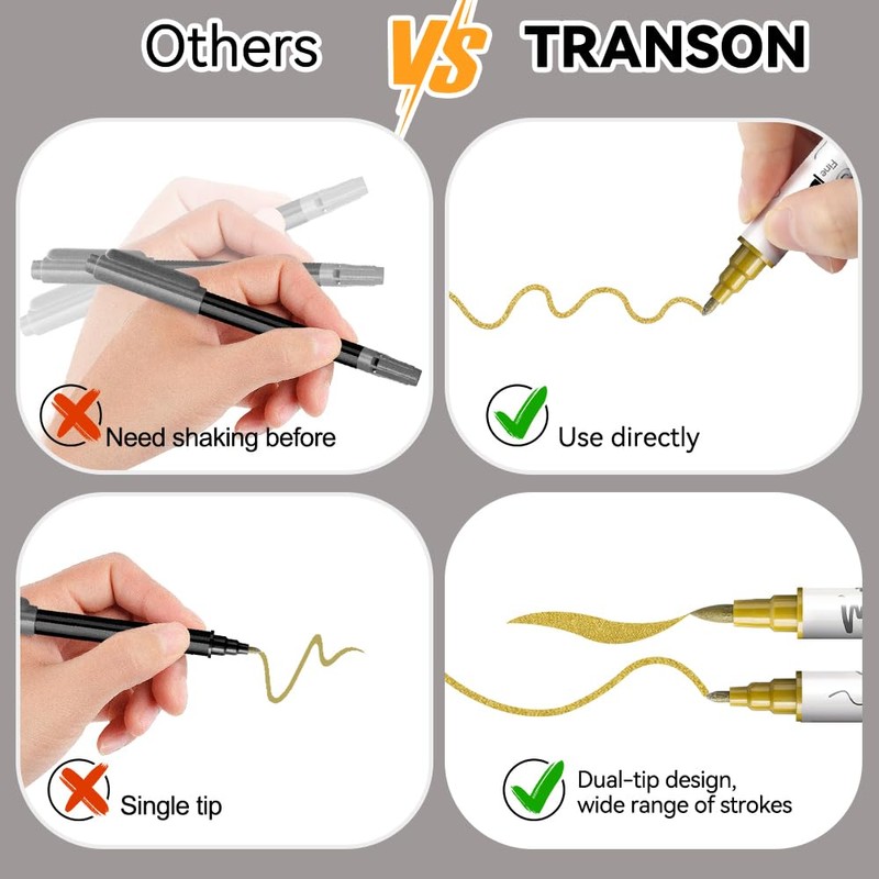 TRANSON 4 Gold and 4 Silver Paint Markers Brush and