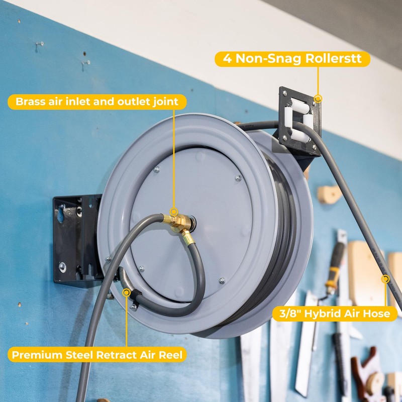 HOZEREEL Steel Retractable Air Hose Reel,3/8" x 50 ft Heavy