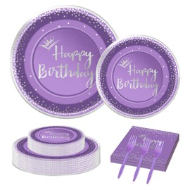 96 Pieces Purple and Silver Birthday Plates and Napkins Party Tableware Set with Happy Birthday Party Decorations,Paper Plates,Napkins and Forks for 24 Guests | Jouwaiwe