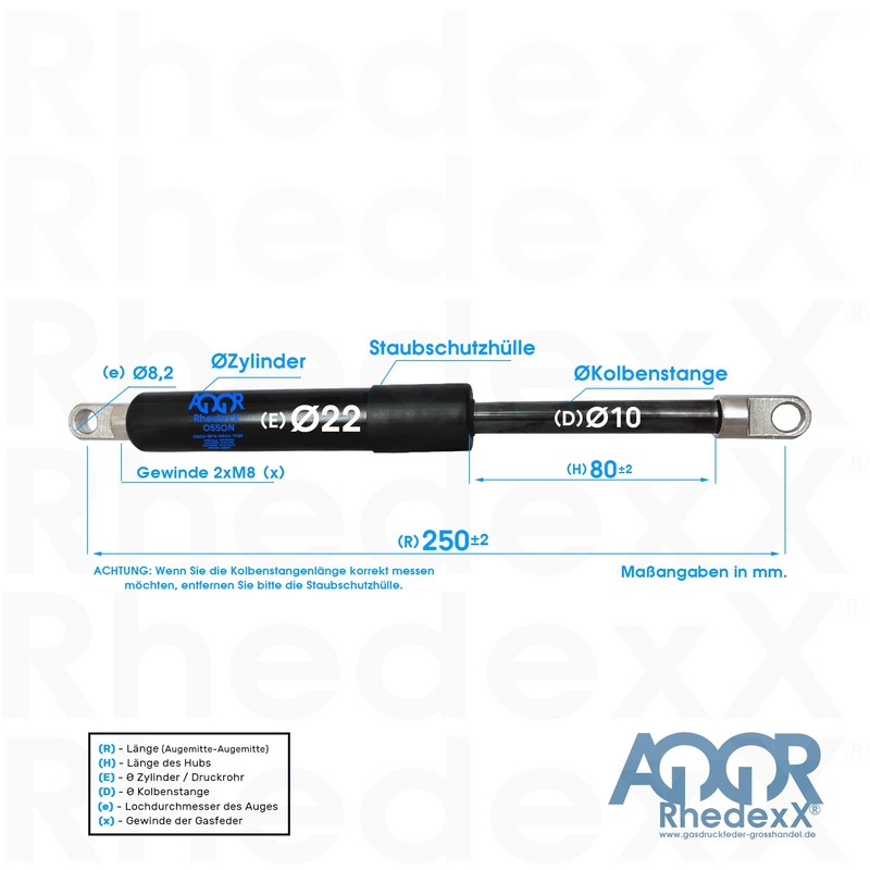 RhedexX® Gas Spring Gas Spring 250 mm/80 mm/100N M8 Gas