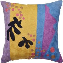 Kashmir Designs Matisse Gold Pillow Cover Purple Modern Pillowscase Chair Cushion Abstract Farmhouse Flower Outdoor Mid Century Hand Embroidered Wool Size 18x18