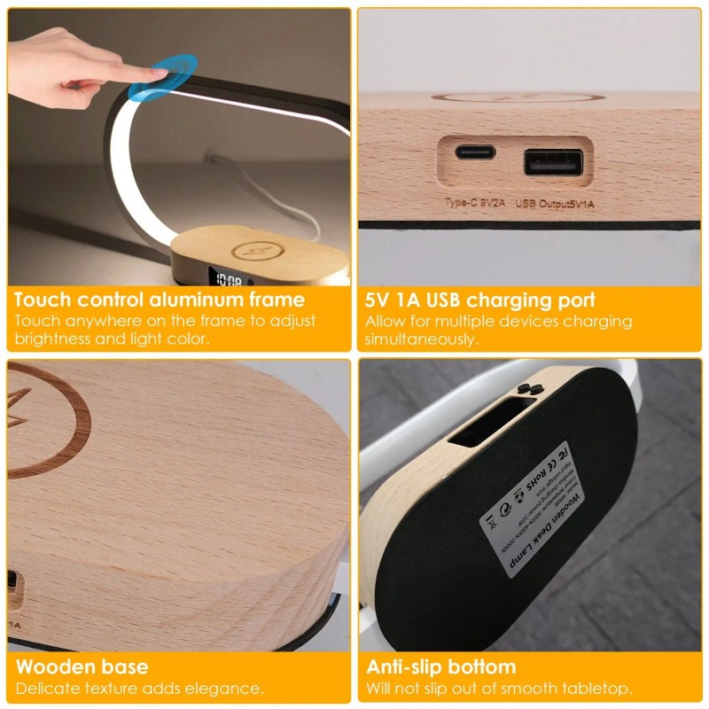 Touch Control LED Desk Lamp with Clock Wireless Charging Dimmable