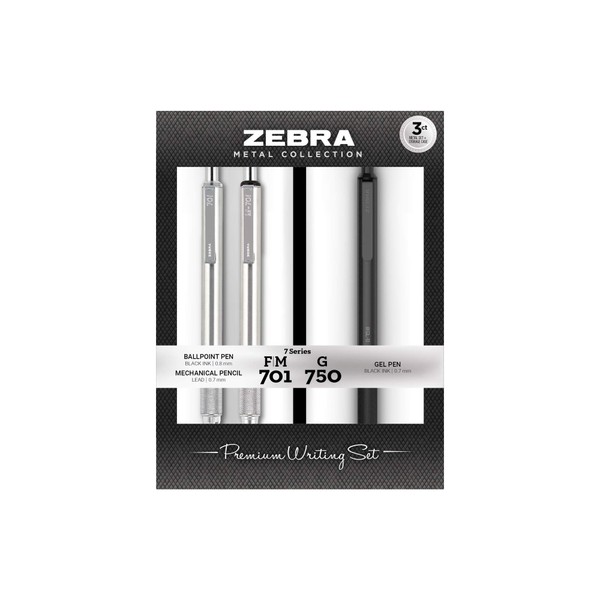 Zebra Pen G-750 Retractable Gel Pen, F-701 and M-701 Retractable Pen/Pencil Gift Set, Premium Metal Barrel, Medium/Fine Point, 0.7mm/0.8mm, 3-Pack (10513)