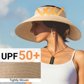 PFFY Sun Hats for Women Straw Beach Hat Packable Foldable Wide Brim Ponytail Travel Visor White