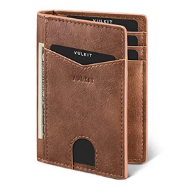 VULKIT Tarjetero de cuero con bloqueo RFID delgado y plegable para hombres con 10 ranuras