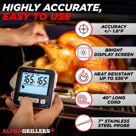 Alpha Grillers Meat Thermometer Digital - Kitchen Oven Thermometer for Cooking Food, Grilling, BBQ Smoker - 7 Preset Temperature Alerts, Timer, Alarm, & Stainless Steel Temperature Probe