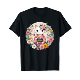 Kimono Cat with Flowers Japanese Kawaii Art T-Shirt