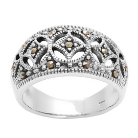 Silver Women's 925 Sterling Silver Oxidized Simulated Marcasite Art Deco Style Band Ring