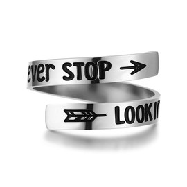 ZRAY Silver Keep Going Ring Inspirational Jewelry Stainless Steel Engraving Size Adjustable Personality Encouragement Gift for Women and Men Teens Girls(NEVER STOP