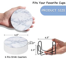 Drink Coasters Set of 6 - Marble Style Ceramic Round Coaster, Coasters with Holder and Cork Base, Ceramic coaster suitable for all kinds of cups, gift, for Women Men Home Decor, 4 ''