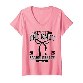 Womens She's Tying The Knot Bachelorette Party Coquette Bow 2025 V-Neck T-Shirt