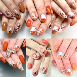 6 Sheets Thanksgiving Day Nail Stickers Fall Self-Adhesive Nail Decals Autumn Maple Leaf Pumpkin Fox Design Thanksgiving Nail Art Stickers for Women DIY Manicure Nail Decorations