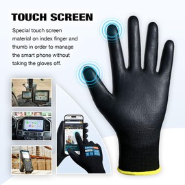 KAYGO Work Gloves PU Coated 12 Pairs Touchscreen, KG11PBE, Safety Working Gloves with Secure Grip on Palm & Fingers, for Men and Women, Ideal for General Duty Work, Gardening (Medium, Black)