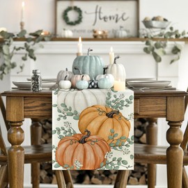 Artoid Mode DREI Orange Kürbisse Eukalyptus Herbst Tischläufer, Saisonnal Küche Tisch Dekoration Drinnen Urlaub Party Dekor 40x140 cm