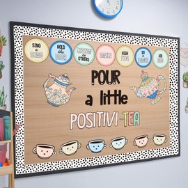 Positivity Classroom Bulletin Board Decorations Set, Pour A Little Inspirational Kettle Teacup Paper Cutouts with Dot Bulletin Border Trims for Back to School Classroom Supplies Door Wall Decor