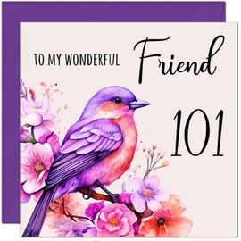 101st Friend Birthday Card - Purple Watercolour Bird Friends Birthday Card for 101 Year old