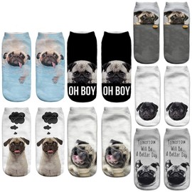 Angelteers 7 Pairs Funny Dog Ankle Socks Novelty Animal No Show Socks for Women (US, Alpha, One Size, Regular, Regular, Funny Pug Dogs)