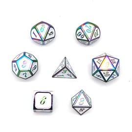 DollaTek 7 PCS Metal Dice Set DND Game Polyhedral Solid Metal D&D Dice Set with Storage Bag and Zinc Alloy with Enamel for Role Playing Game Dungeons and Dragons (Colorful White)
