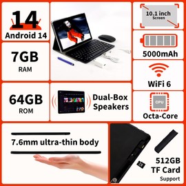 Veidoo 2 in 1 Portable Android Tablet with Keyboard, Mouse & Stylus, Tablet 10.1 inch IPS HD Screen with 7GB RAM (3GB+4GB) 64GB ROM Expandable to 512GB, Octa-Core Processor, WiFi 6