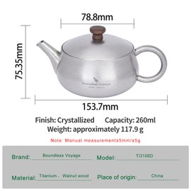 Boundless Voyage Titanium Teapot with Filter Chinese Kung Fu Tea Set Lightweight Travel Portable Tea Kettle with Wide Spout for Loose Leaf Ti3106D-EU