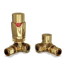 UK Radiators Thermostatic Radiator Valve (TRV) 15mm Corner Lockshield Valve in Polished Brass Colour - Energy Saving 1/2" x 15mm Corner Radiator Valve