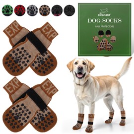 EXPAWLORER Anti Slip Dog Socks to Prevent Licking Paws - Dog Booties for Hardwood Floors, Pet Paw Protectors with Grippers for Winter Outdoor,Dog Boots Shoes for Small Medium Large Dogs,Stars Khaki M