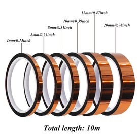 6 Rolls 0.4/0.6/0.8/1/1.2/2 cm x 10 m High Temperature Heat Resistant Tape, Polyimide Kapton Tape, Film Tape, High Temperature Tape, Electronic Insulation Tape for 3D Printing, Sublimation Soldering