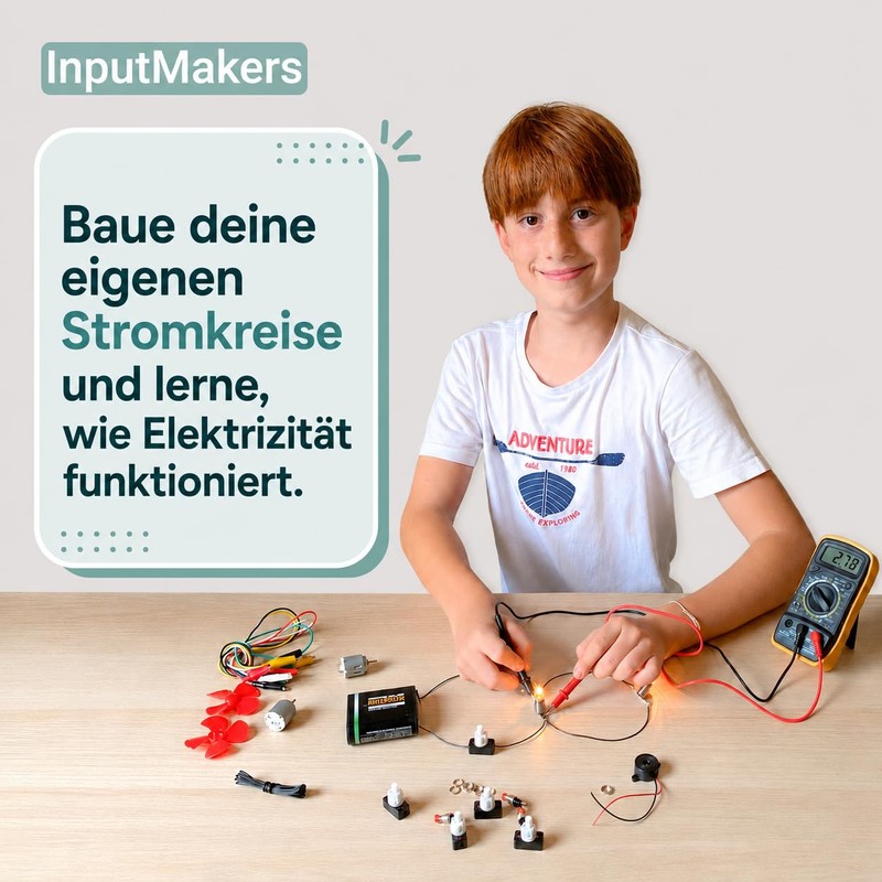 InputMakers Elektrobaukasten für Kinder mit Multimeter Digital, stromkreis bausatz kinder,