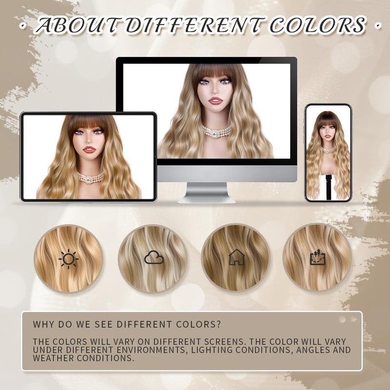 Potoki Ombre Blonde Synthetic Wig with Bangs Long Wavy Wig