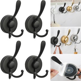 Boxonly No-Drill Suction Cup Duck Tongue Twin Hooks,2024 Upgraded Stainless Steel Waterproof Hooks for Bathroom,Shower,Kitchen,and Mirrors–Heavy Duty Towel Holders(4 Pcs, Matte Black)